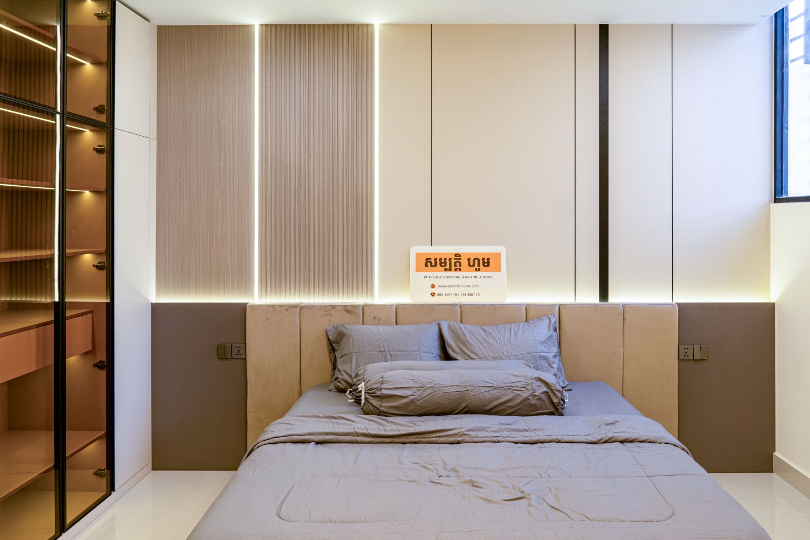 Project: Borey Peng Huoth The Star Mera Garden Type: Residential, Twin Villa Scope: Full Master Bedroom Core Materials: HENF-Grade Eco-Boards, Custom Anti-Scratch Finishes Design Aesthetic: Warm Contemporary Luxury Location: Phnom Penh, Cambodia