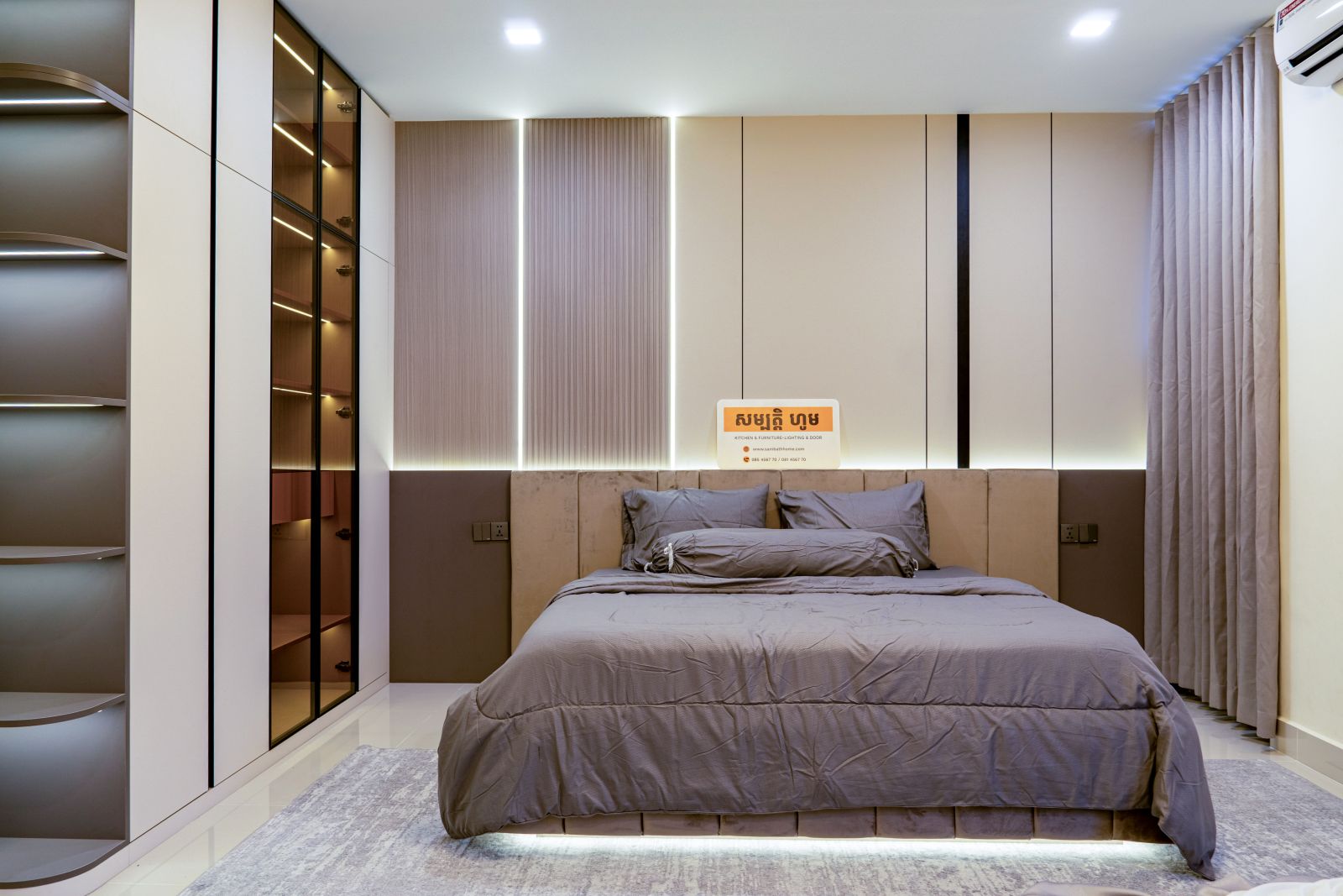Project: Borey Peng Huoth The Star Mera Garden Type: Residential, Twin Villa Scope: Full Master Bedroom Core Materials: HENF-Grade Eco-Boards, Custom Anti-Scratch Finishes Design Aesthetic: Warm Contemporary Luxury Location: Phnom Penh, Cambodia
