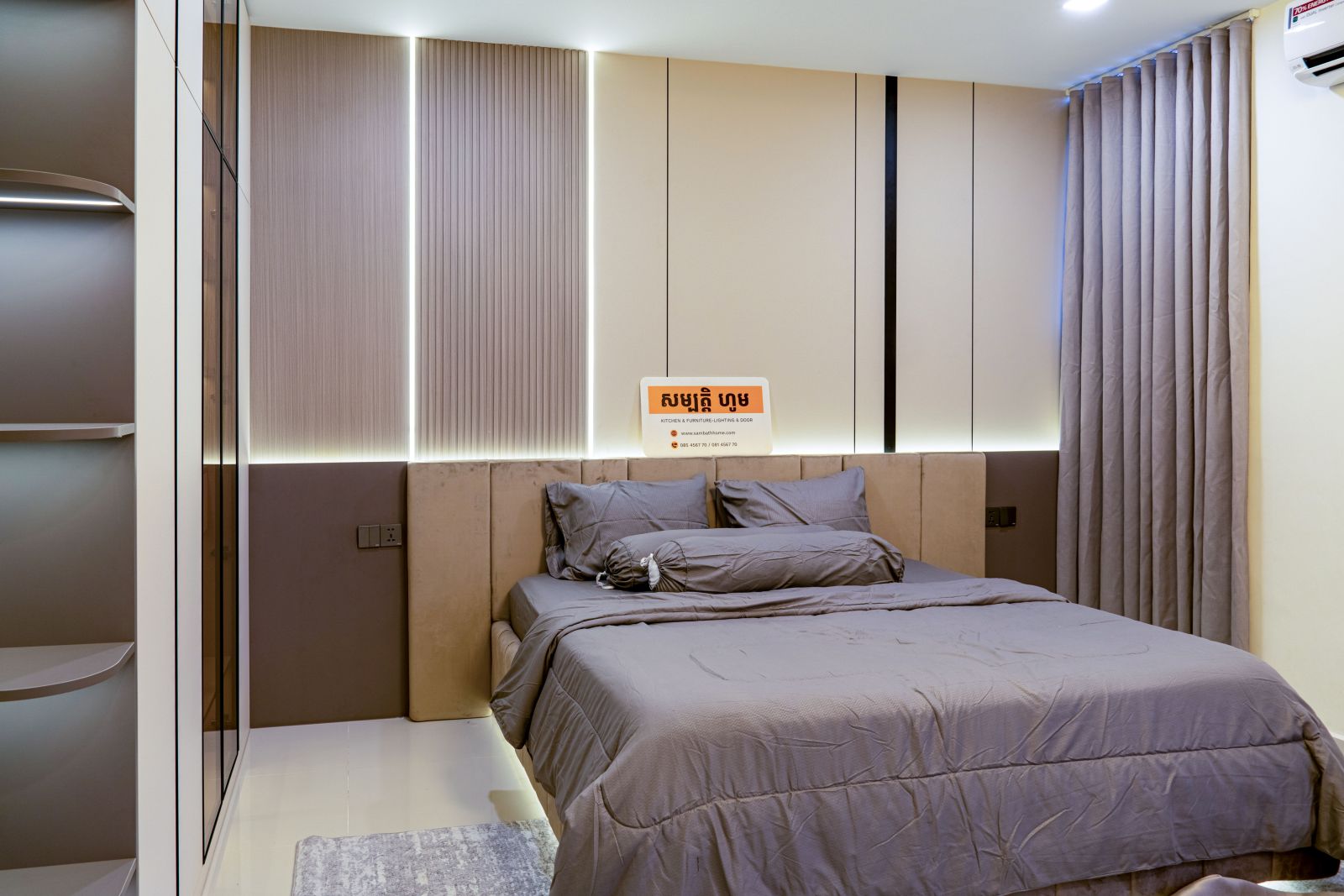 Project: Borey Peng Huoth The Star Mera Garden Type: Residential, Twin Villa Scope: Full Master Bedroom Core Materials: HENF-Grade Eco-Boards, Custom Anti-Scratch Finishes Design Aesthetic: Warm Contemporary Luxury Location: Phnom Penh, Cambodia